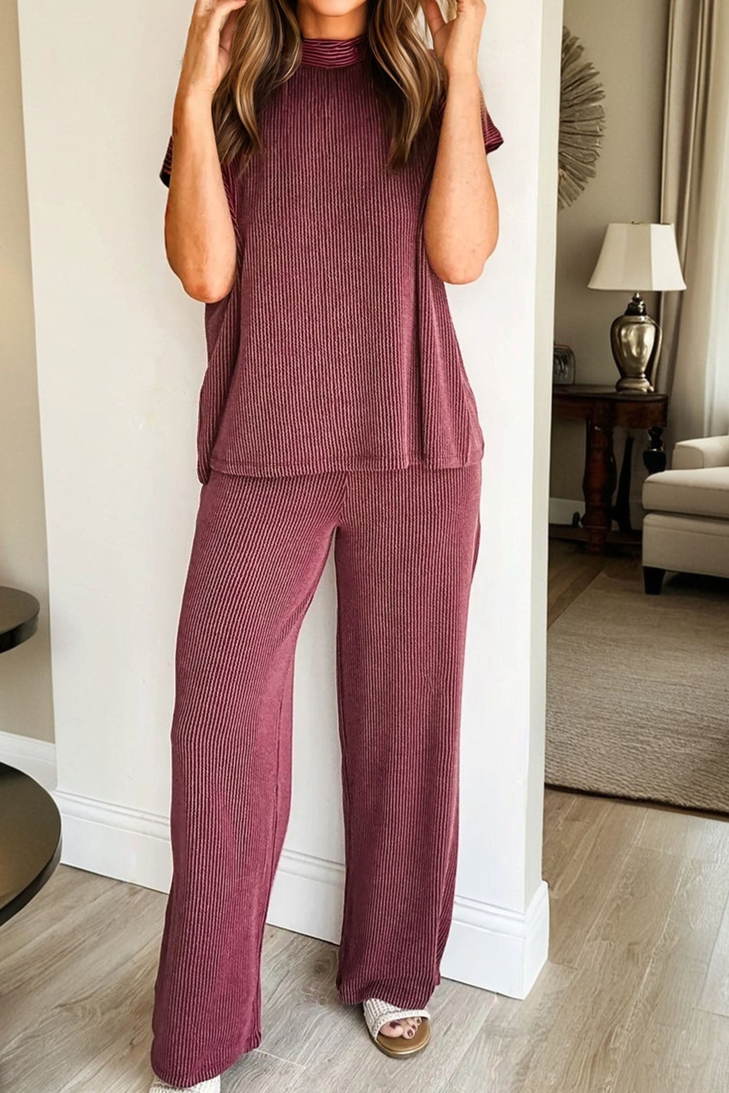 Dark Grey Twisted Ribbed High Neck Tee & Wide Leg Pant Set