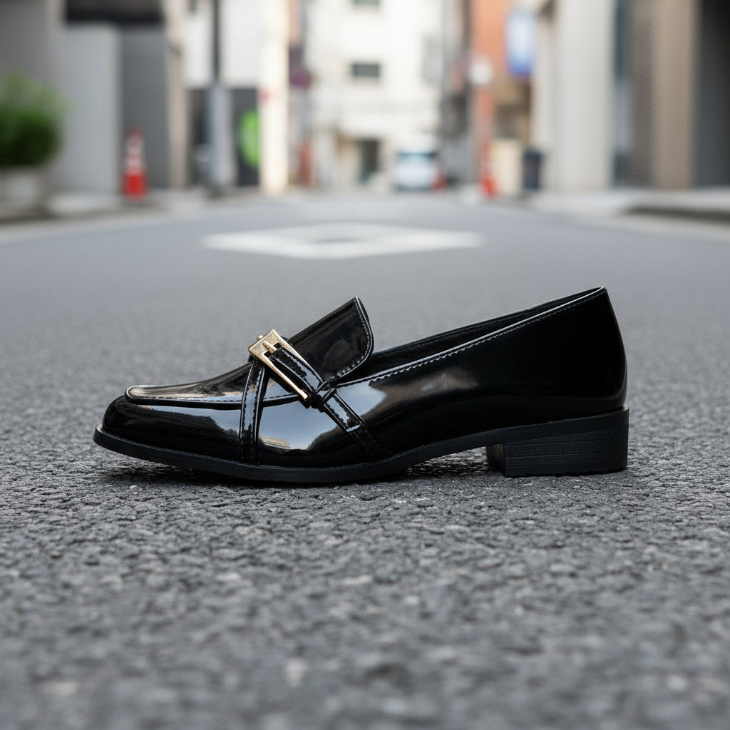 Women's Glossy Patent Leather Square Toe Loafers with Buckle