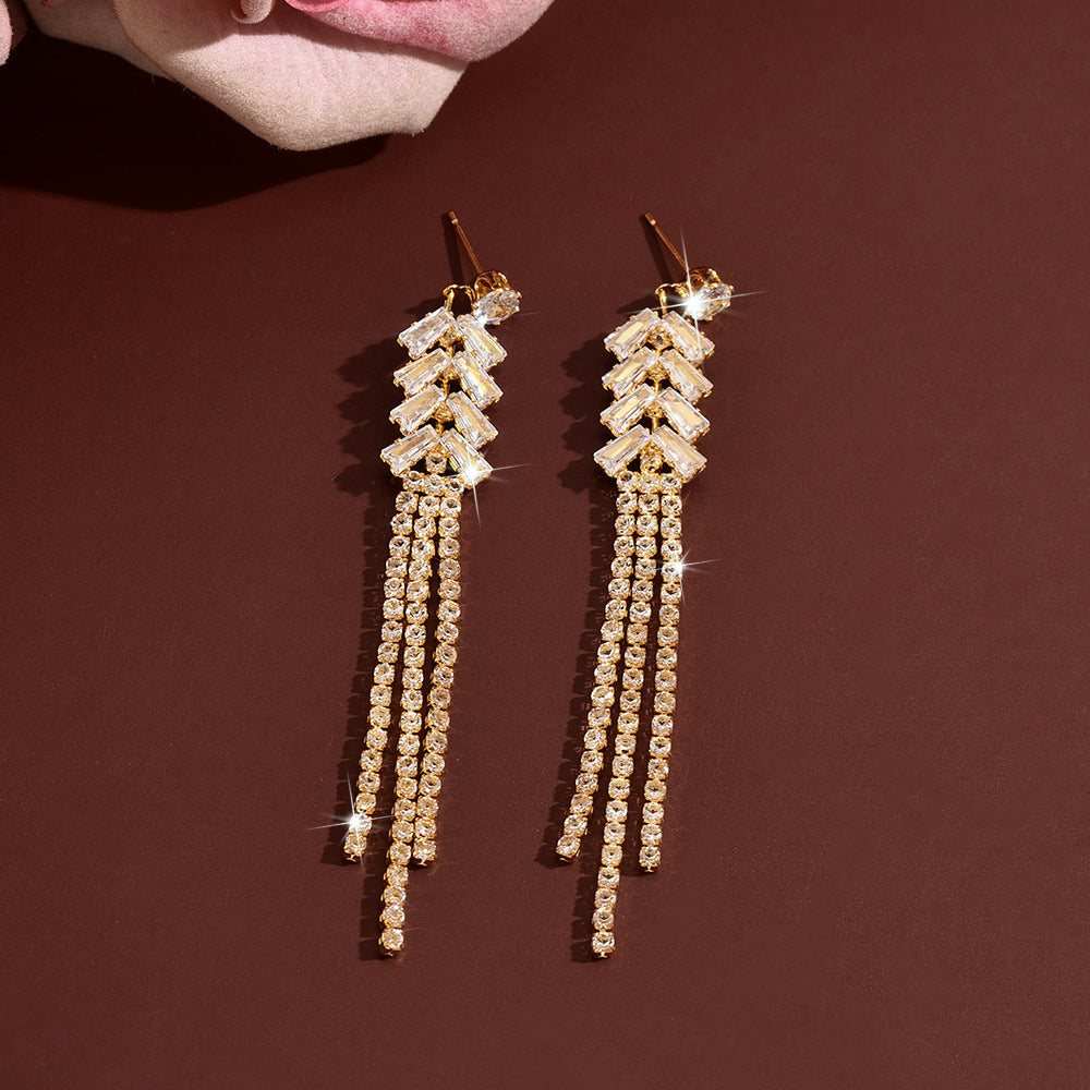 Shiny Rhinestone Tassel Wheat Shape Long Drop Earrings, Geometric Dangle Earrings Elegant Bridal Jewelry For Wedding Banquet Party