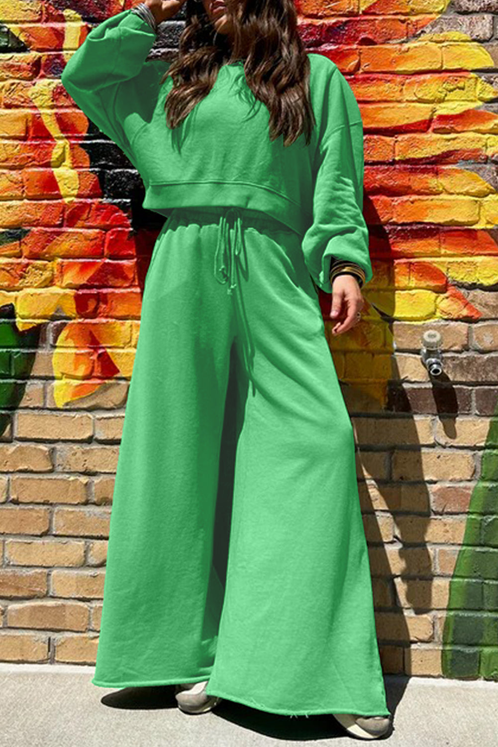 Yellow Cream Drop Shoulder Crop Pullover Wide Leg Pants Set