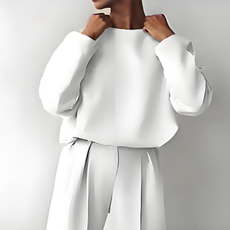 Women’s Solid Color 2-Piece Long Sleeve Top and Pleated Pants Set - Image 5