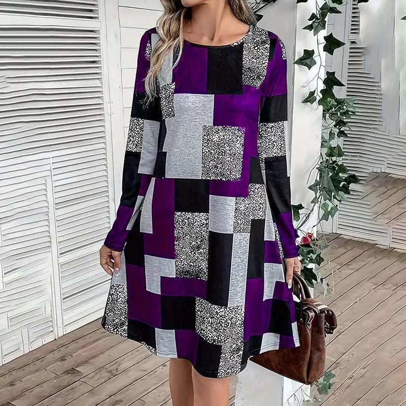Women's Round Neck Long Sleeve Patchwork Print Casual Dress - Image 3