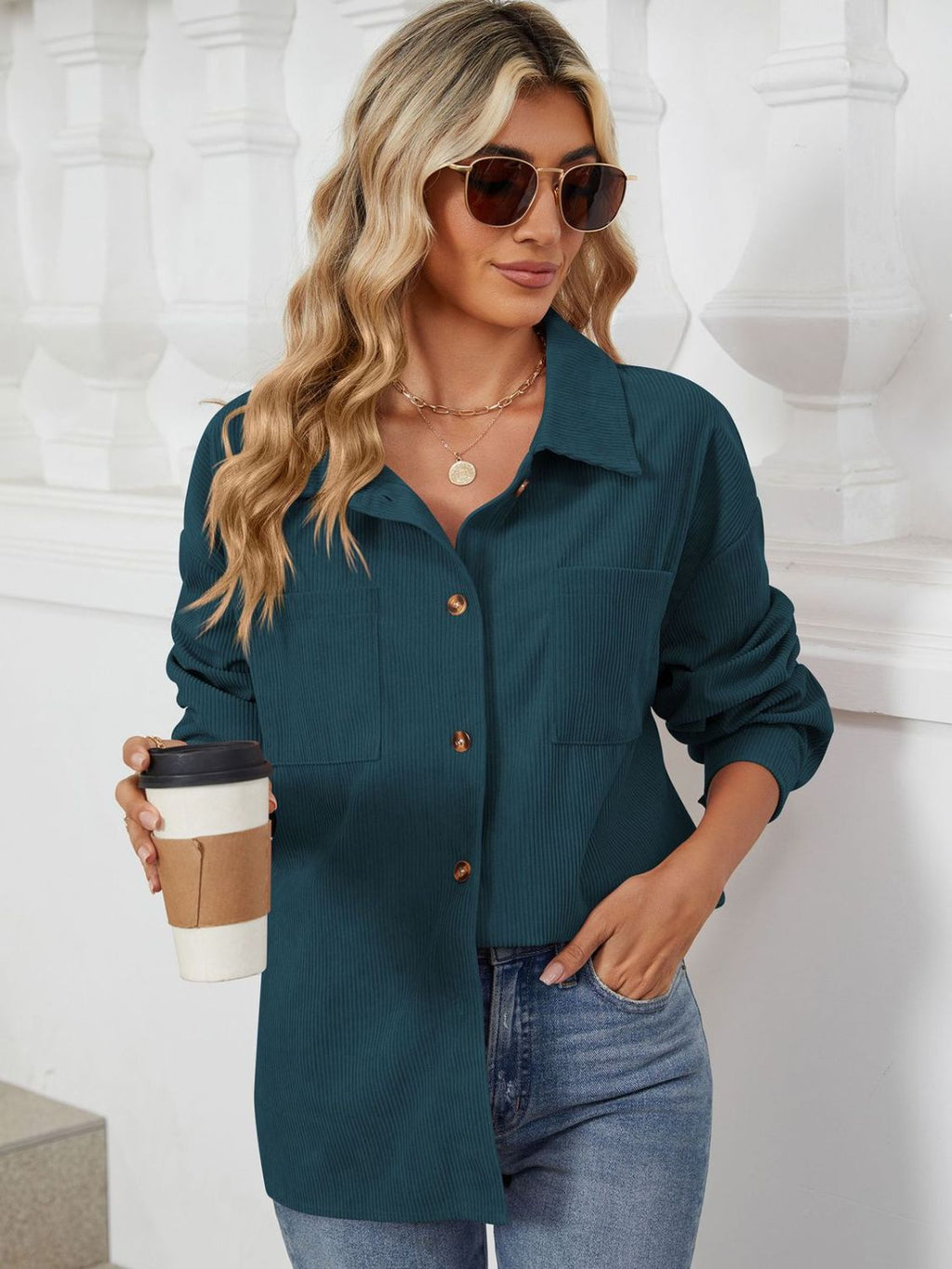 Rayon Button Up Dropped Shoulder Long Sleeve Shirt
