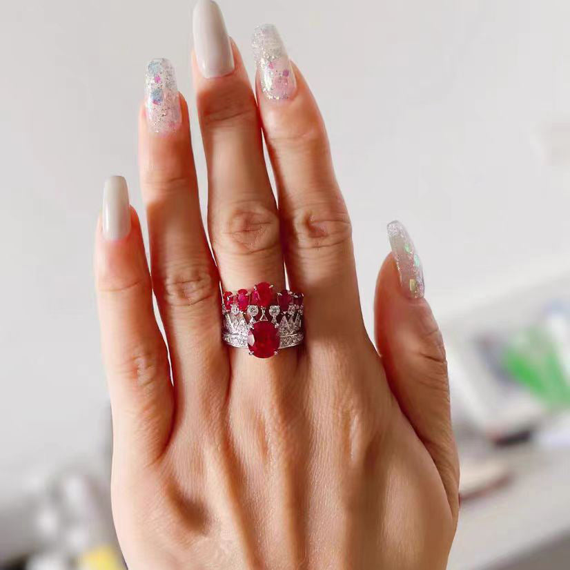 Retro Ruby Crown Ring And Earrings Light Luxury Jewelry
