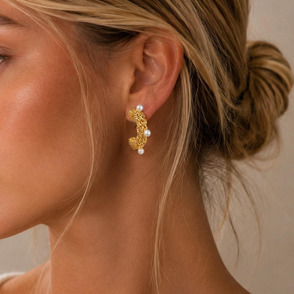 Knitted Cable-knit Pearl C-shaped Earrings