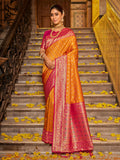 Mustard Banarasi Silk saree with pink blouse fabric elegant ethnic drape