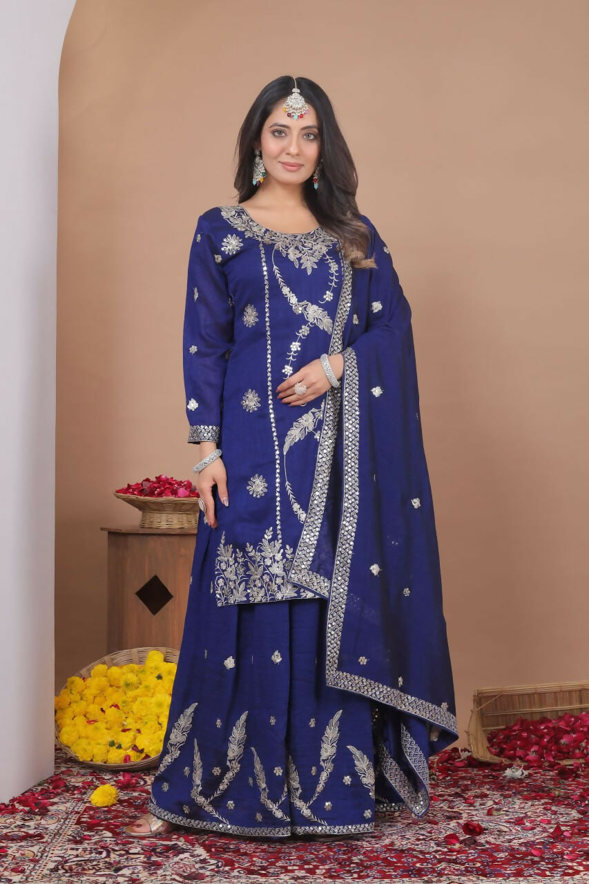 Elegant blue georgette embroidered kurti with matching sharara bottoms for women
