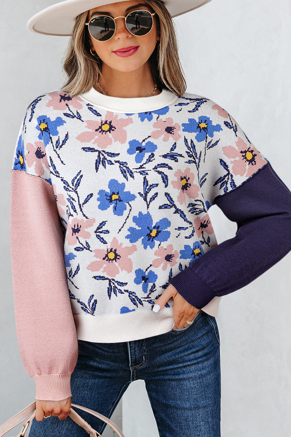 Floral Panel Colorblock Sleeve Crewneck Sweater