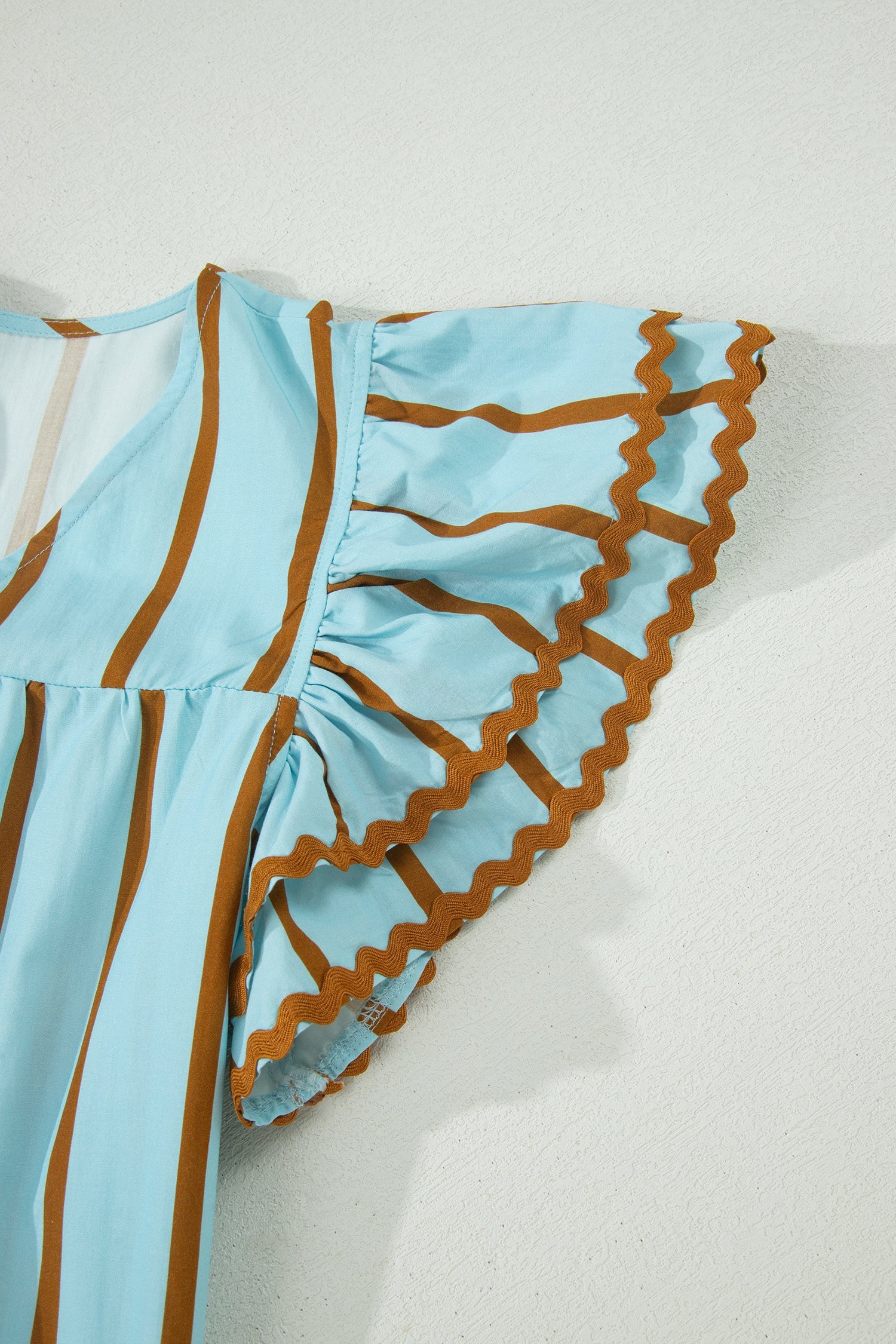 Malaysia Ruffled Short Sleeve Blouse in Light-Blue and Brown