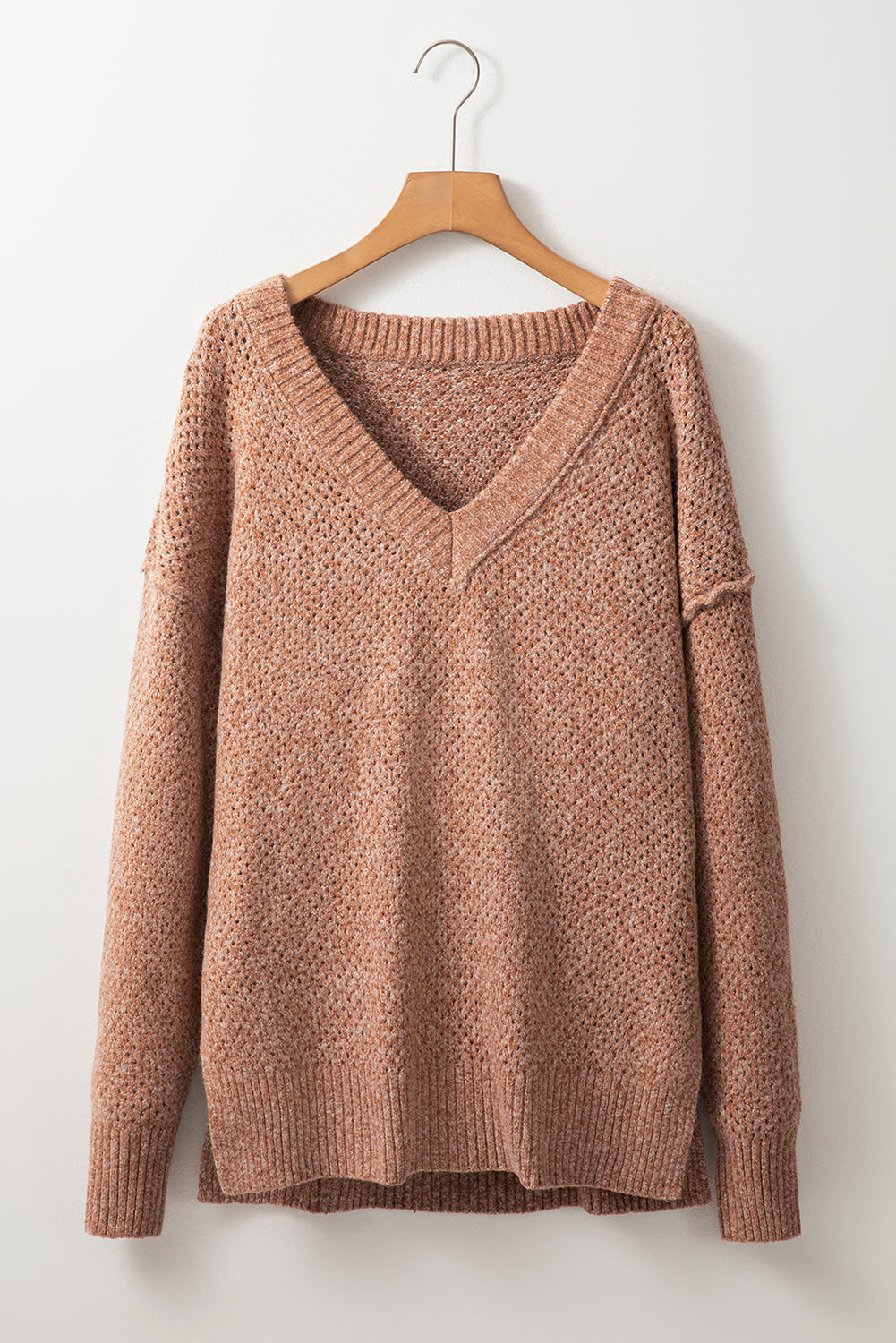 Solid Eyelet V-Neck Drop Shoulder Sweater