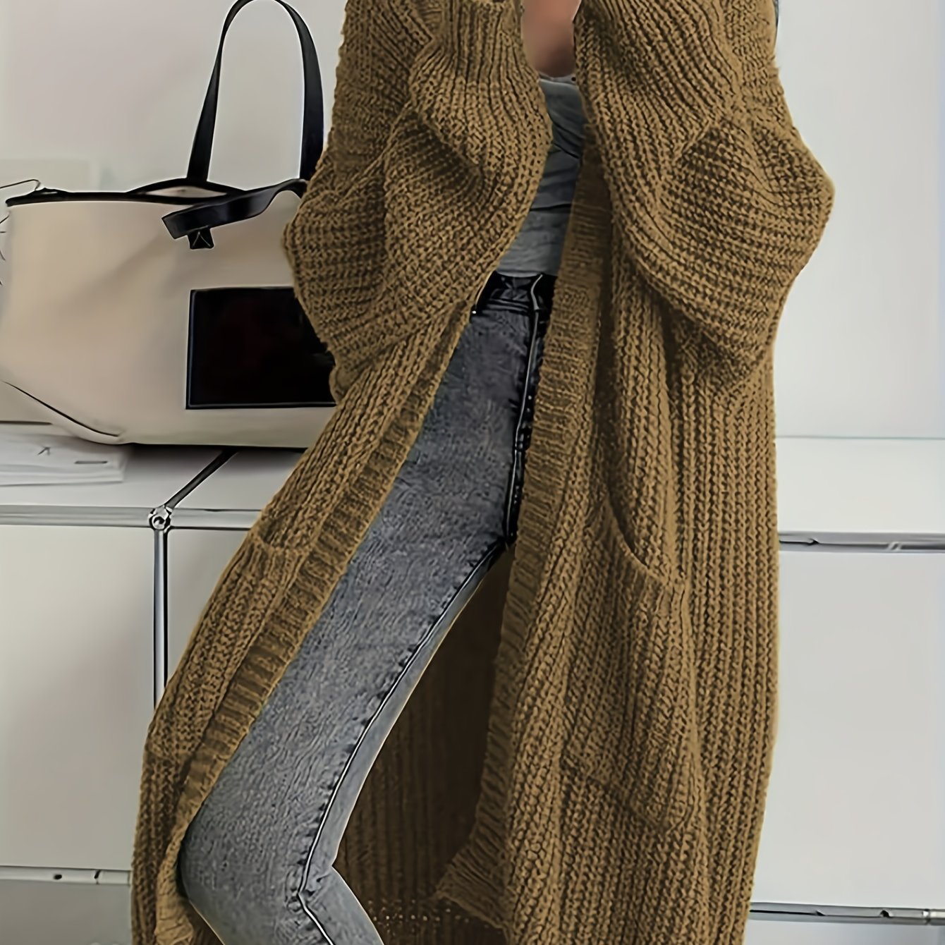 Women's Long Cardigan Over Knee V-Neck Chic