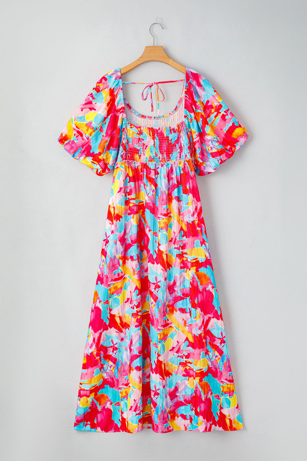 Rose Abstract Printed Puff Sleeve Square Neck Smocked Dress