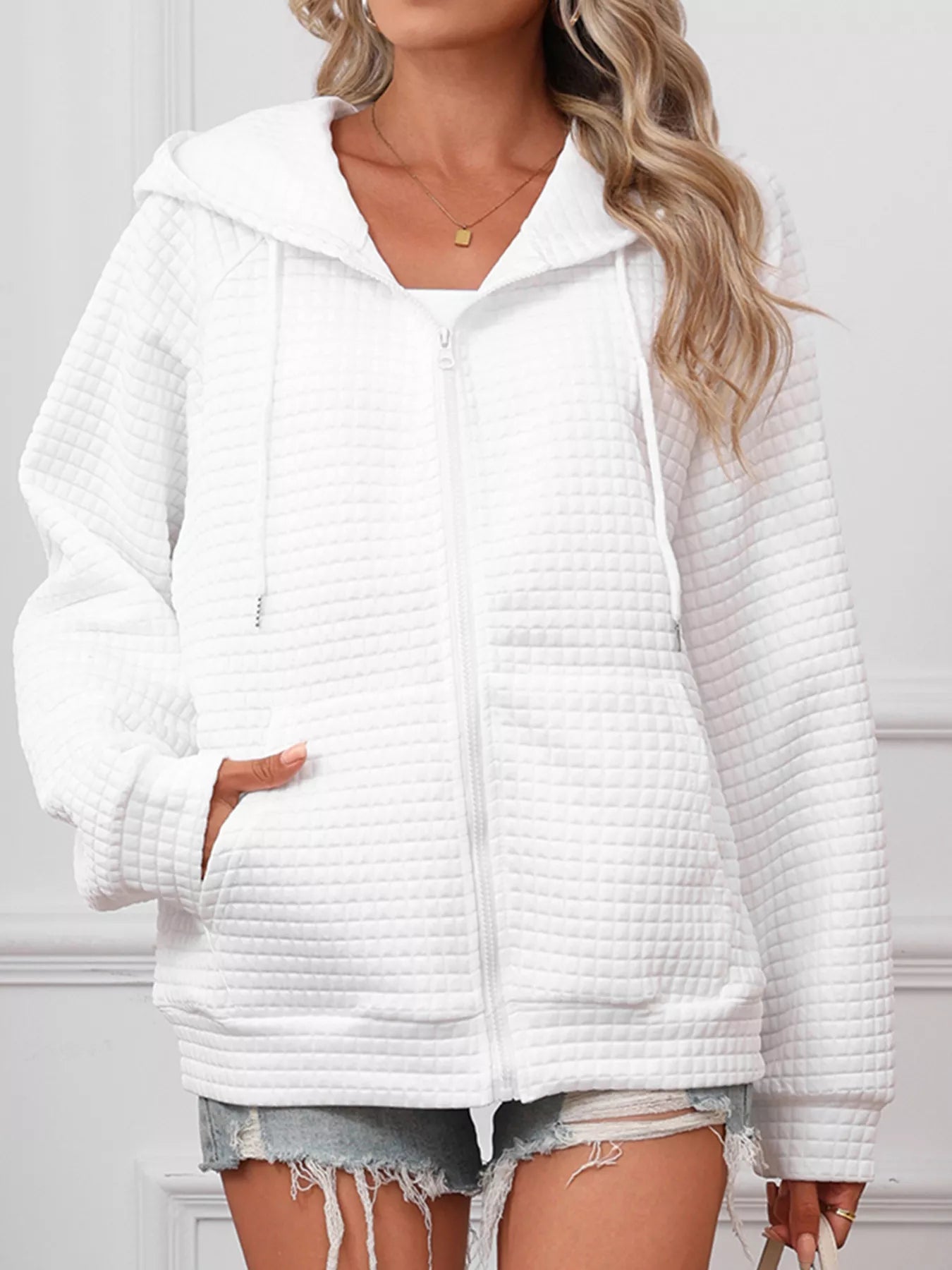Full Size Textured Quilted Zip-Up Hooded Jacket Plus Size