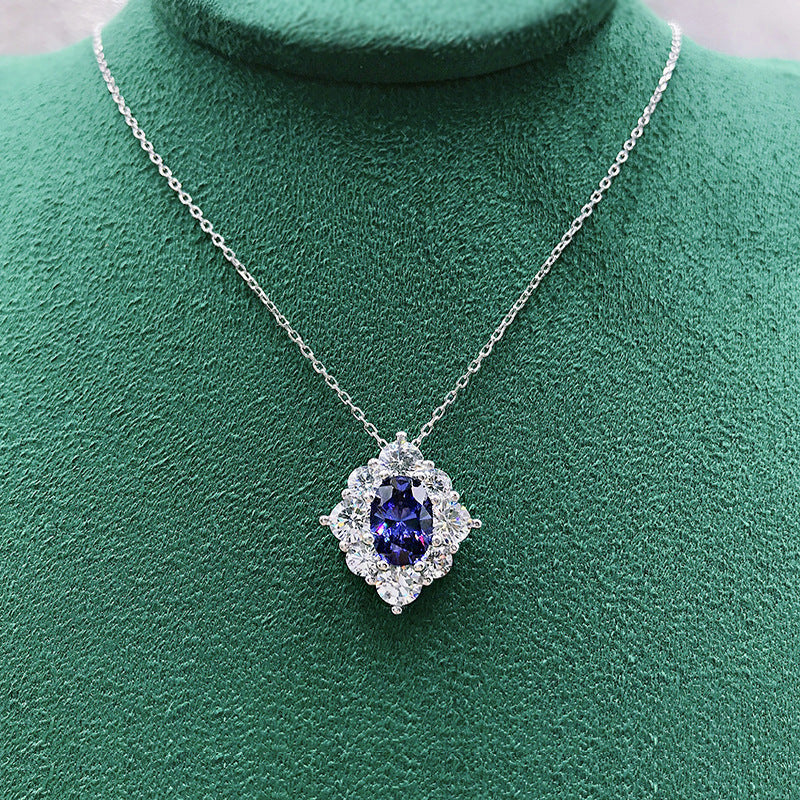 Sapphire Blue Zircon Flower Pendant Necklace For Women