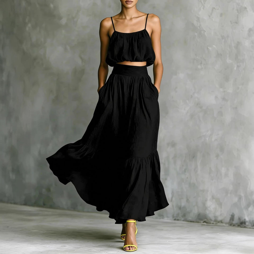 Women’s Two-Piece High-Waist Flared Skirt and Crop Top Set - Image 5