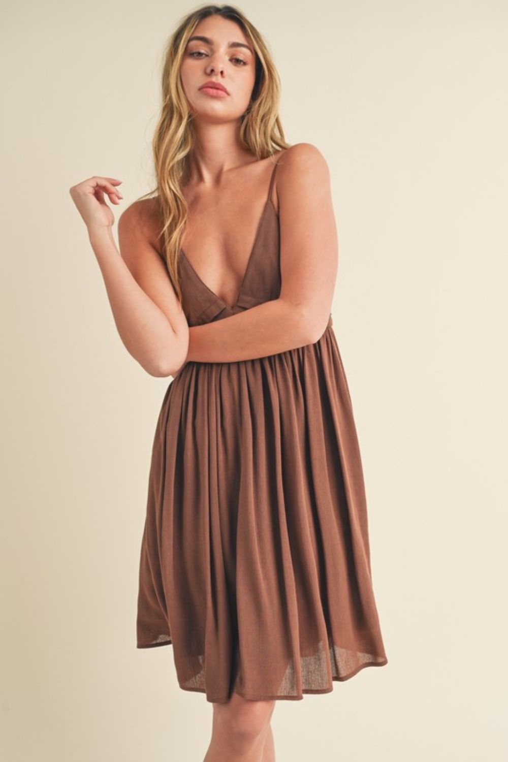 Sexy ruched plunge mini cami dress for women.