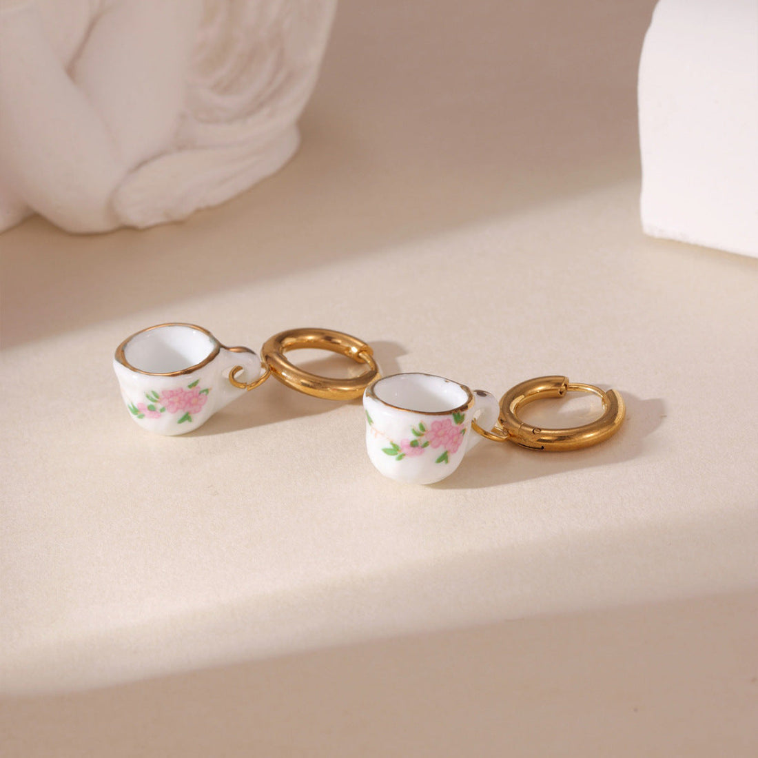 Blue and White Porcelain Dainty Drop Earrings 18K Gold Plated