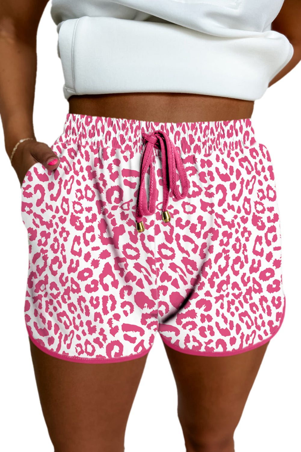 Pink Leopard Elastic Waist Lace up Contrast Trim Casual Shorts