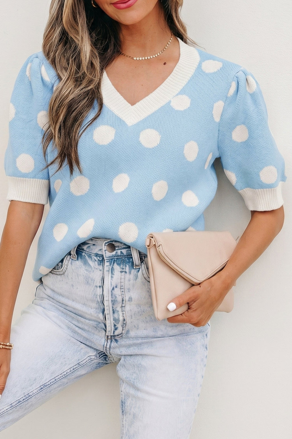 Rivka Puff Short Sleeve Sweater – Polka Dot V-Neck Knit Top