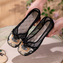 Butterfly Embroidered Mesh Flats with Bow Tie Detail