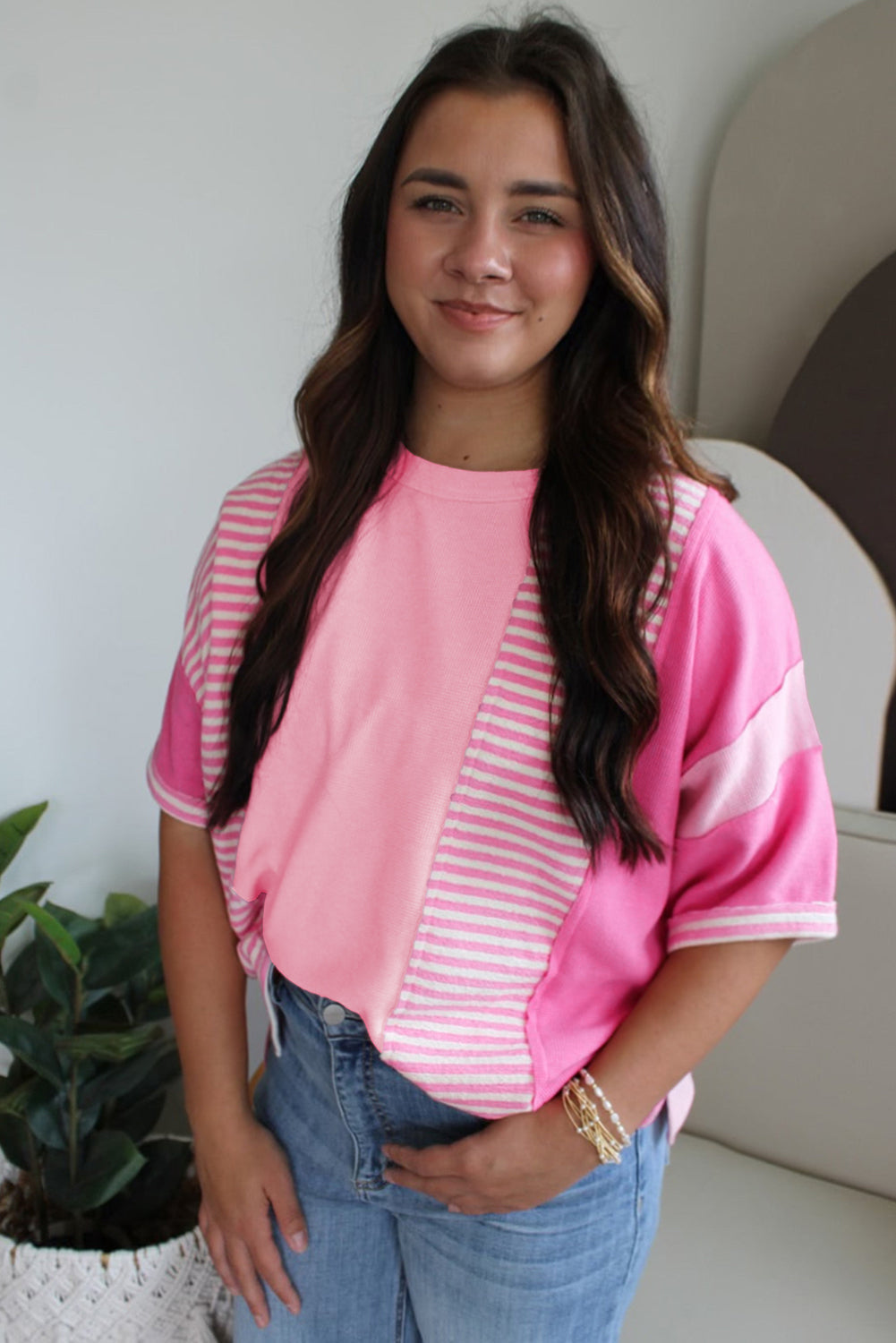 Pink Stripe Waffle Patchwork Loose T-Shirt