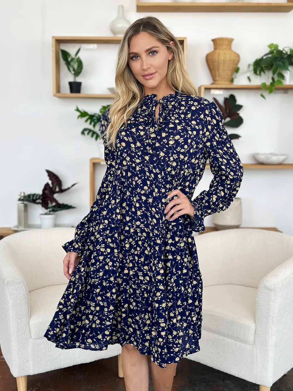 Printed Ruffle Hem Long Sleeve Tiered Midi Dress