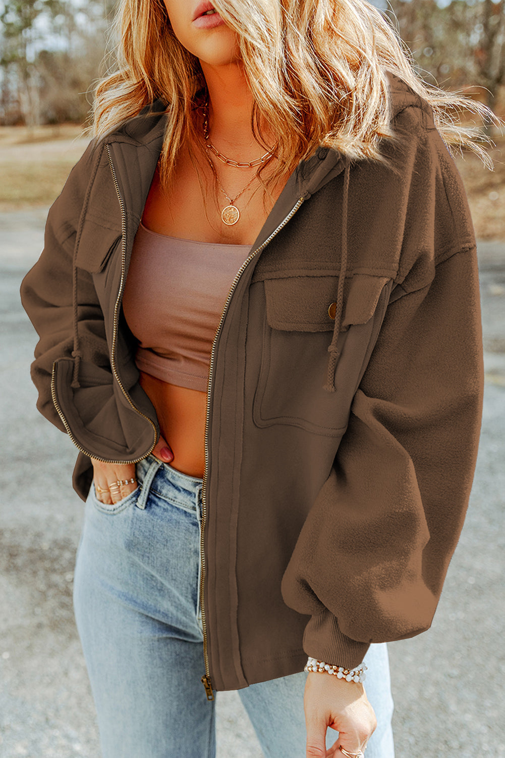 Green Bishop Sleeve Zip Up Hoodie Jacket with Flap Pockets