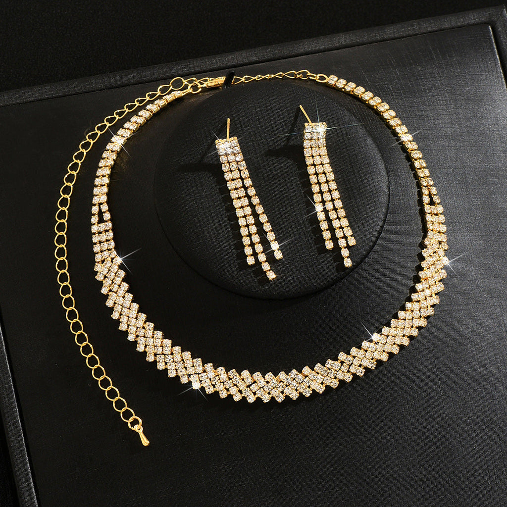 Women 2 Pcs Simple Rhinestone Jewelry Set,Choker Necklace And Earrings,Shiny Costume Accessories For Daily Party Occasion