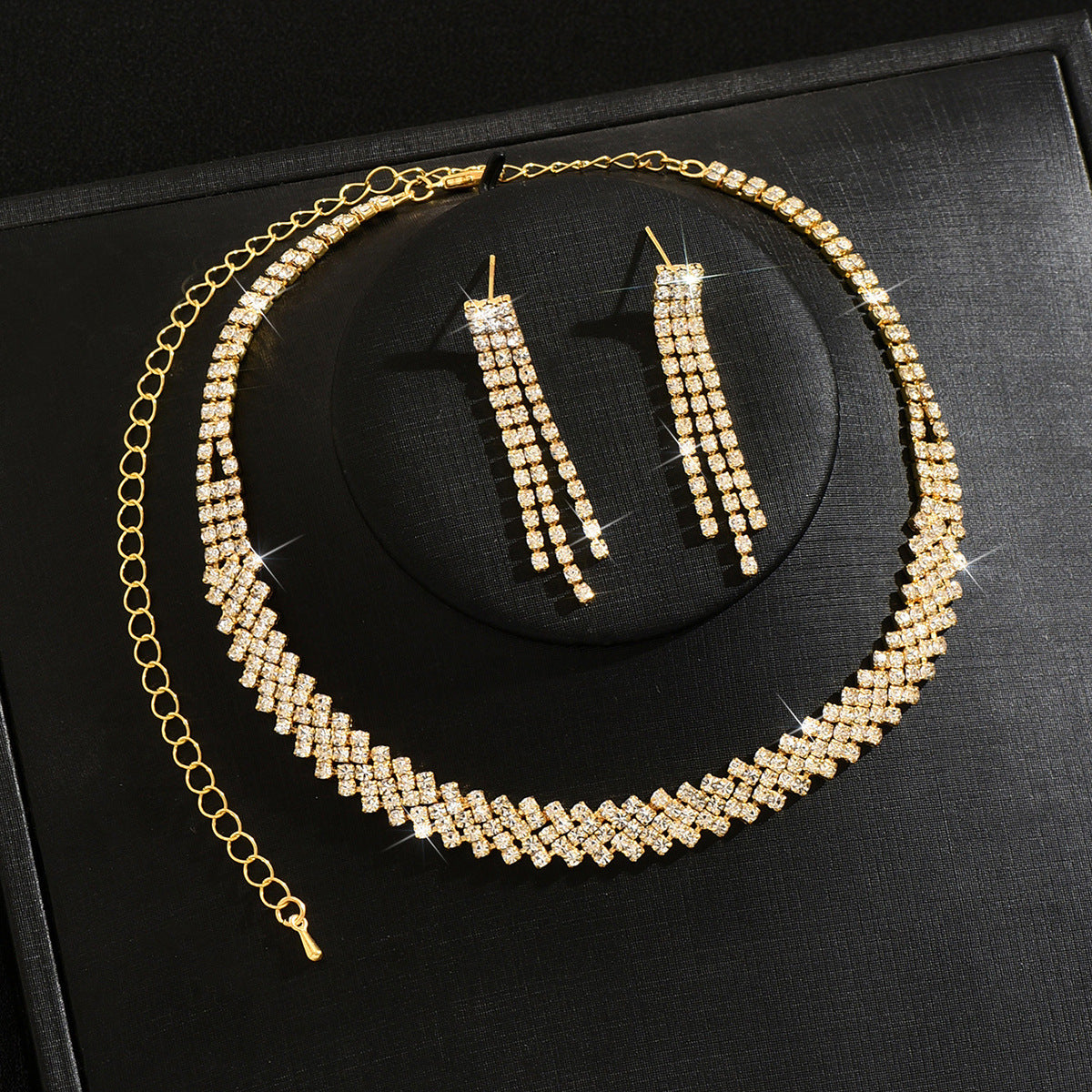Women 2 Pcs Simple Rhinestone Jewelry Set,Choker Necklace And Earrings,Shiny Costume Accessories For Daily Party Occasion