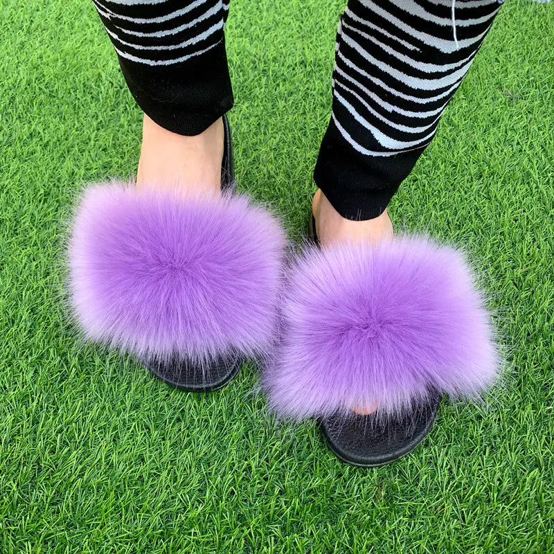 Women's Multicolored Faux Fur Flat Slippers Cozy Open Toe Slides