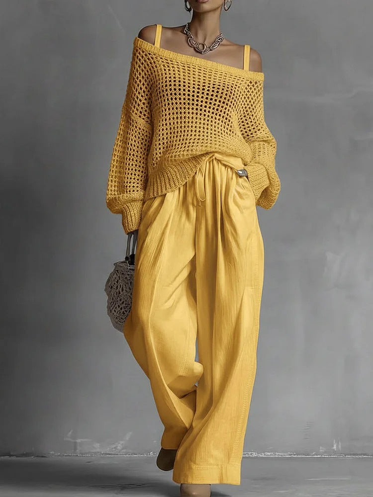 Women's Hollow-Out Knit Top and Wide-Leg Linen Pants Two-Piece Set - Image 10
