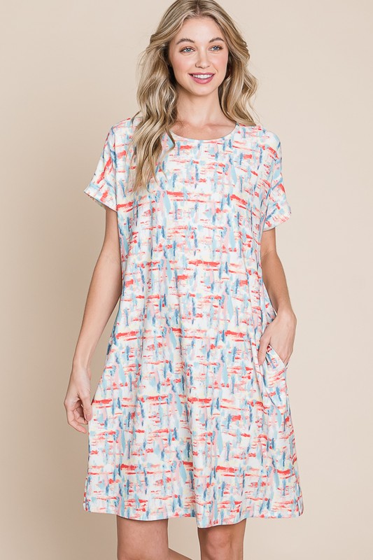 Printed Round Neck Short Sleeve Tee Dress with Functional Pockets