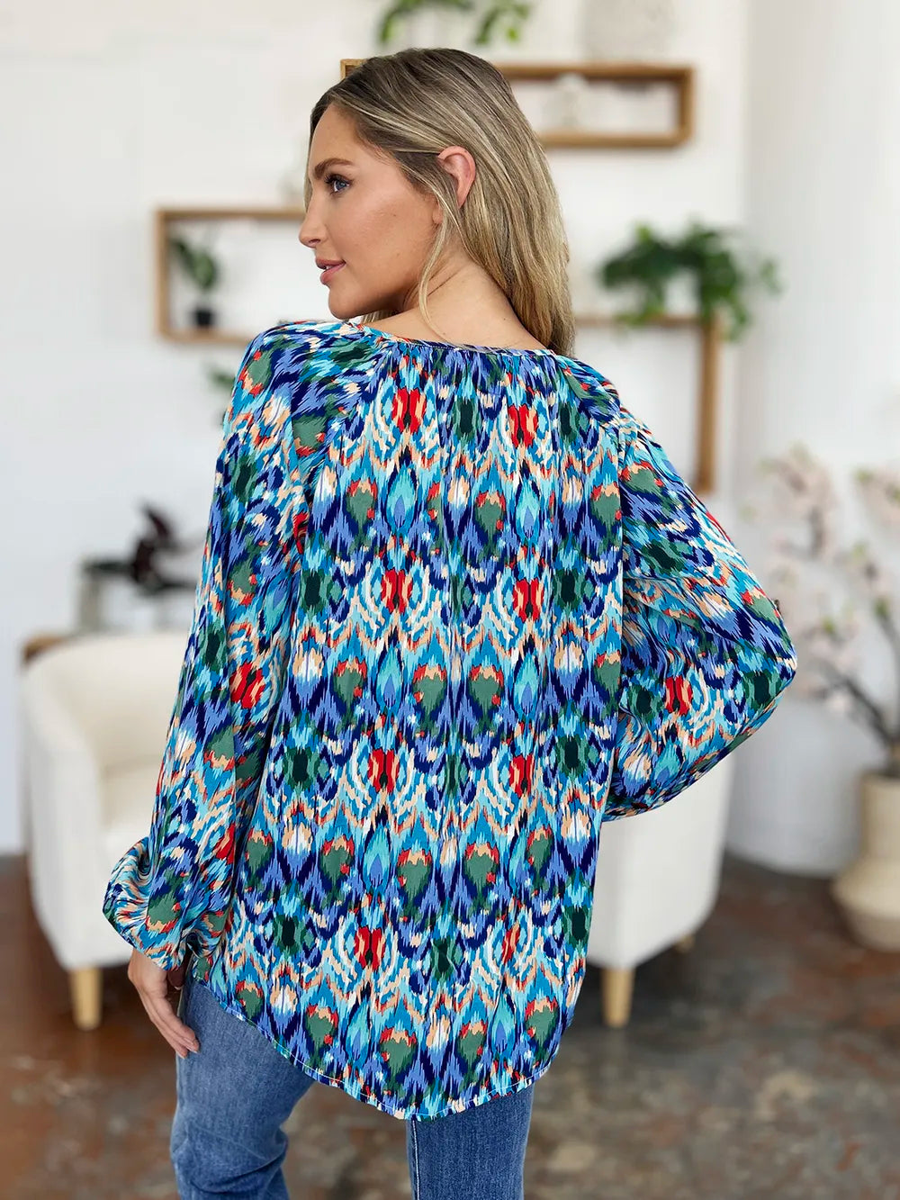 Printed Balloon Sleeve Blouse | Geometric V-Neck Chiffon Top