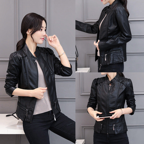 Women's Korean-Style Slim Fit Motorcycle Leather Jacket