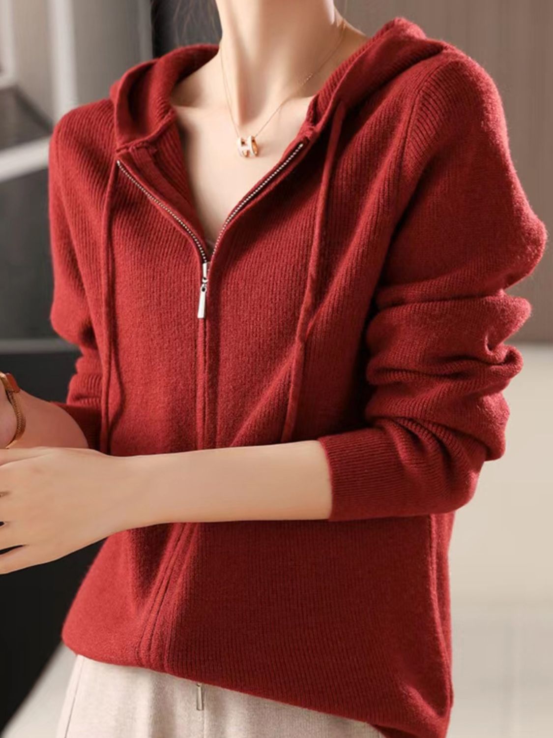 Women's Brown Long Sleeve Zip Up Knit Hoodie with Drawstring - Image 8