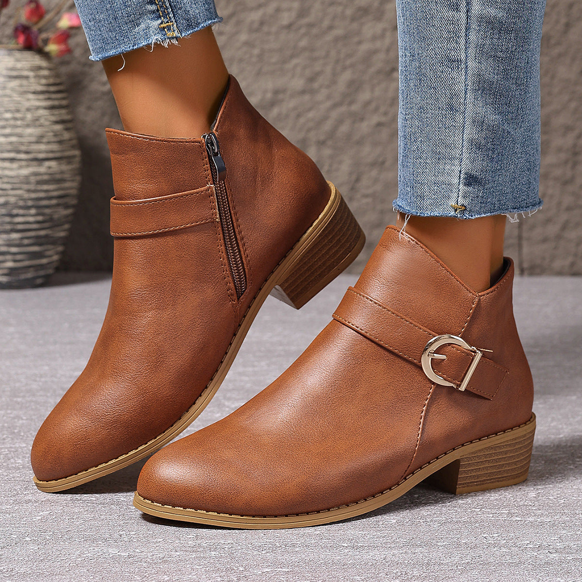 Women's Buckle-Strap Side-Zip Low Block-Heel Ankle Boots