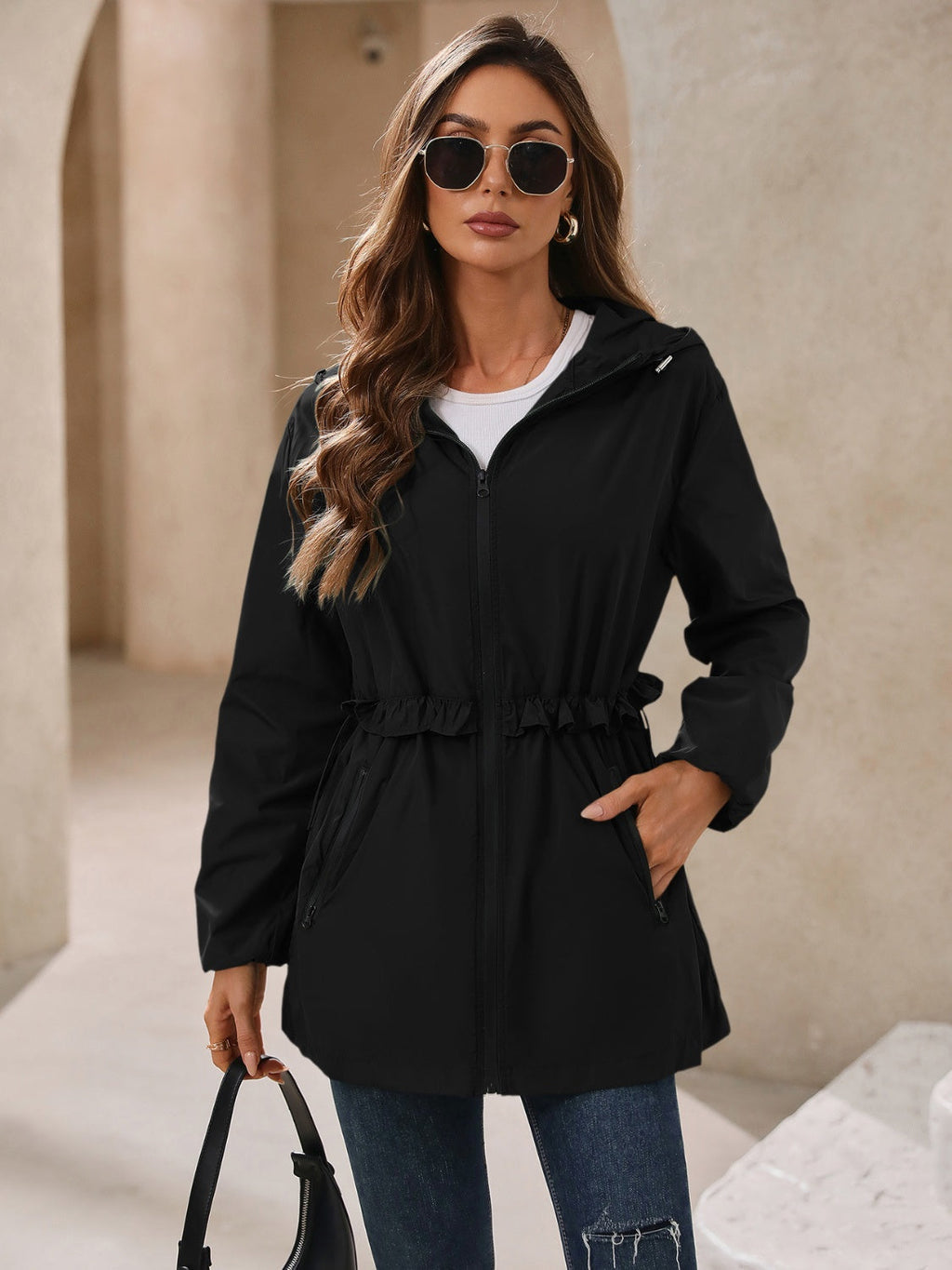 Women's Waterproof Hooded Windbreaker Jacket with Waist Detail - Image 28