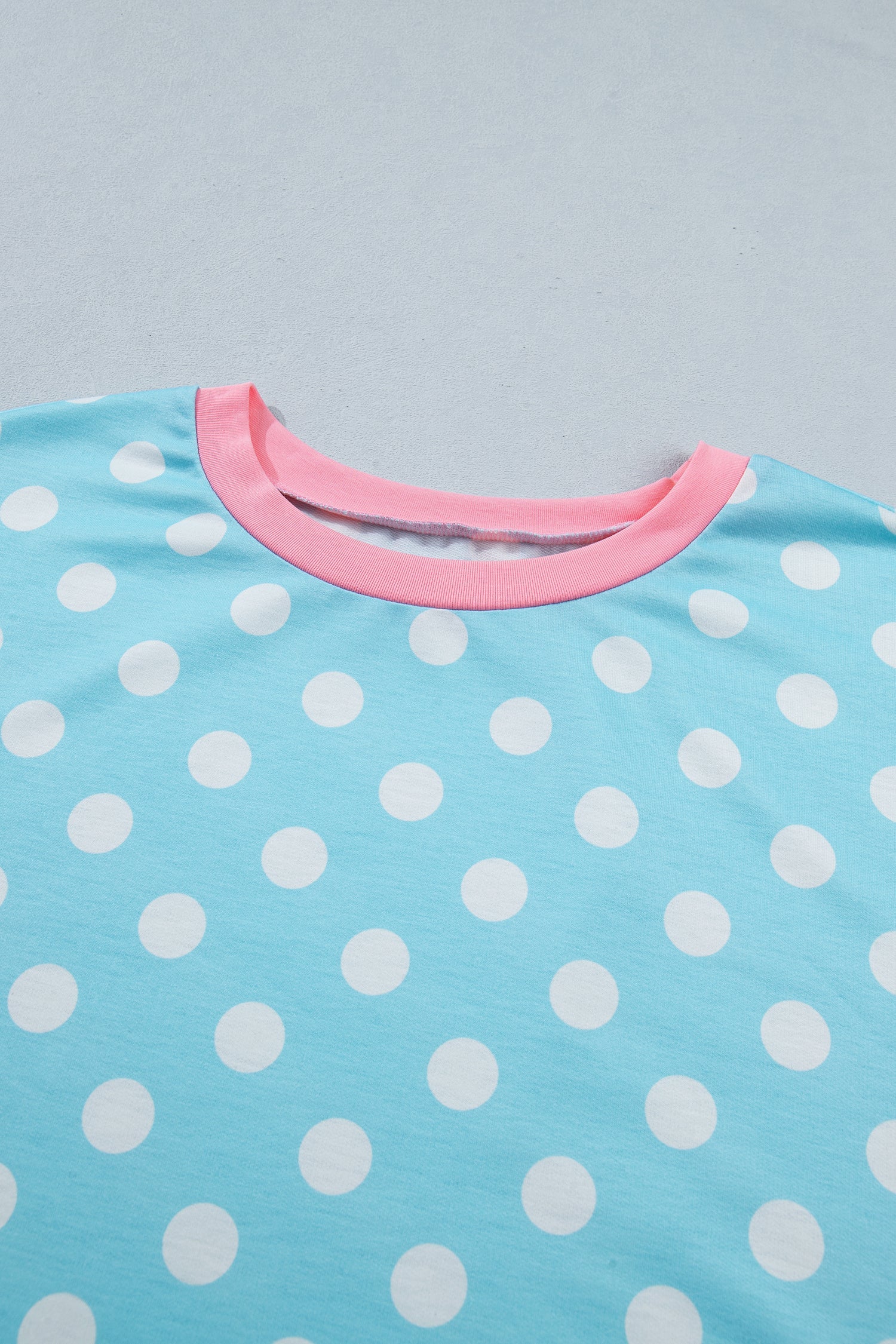 Polka Dot Short Sleeve Lounge Set with Pink Trim in Light Blue