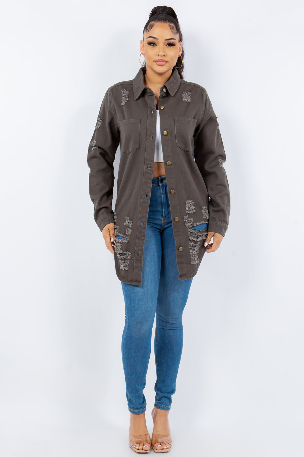 Distressed Button Up Long Sleeve Jacket for Women