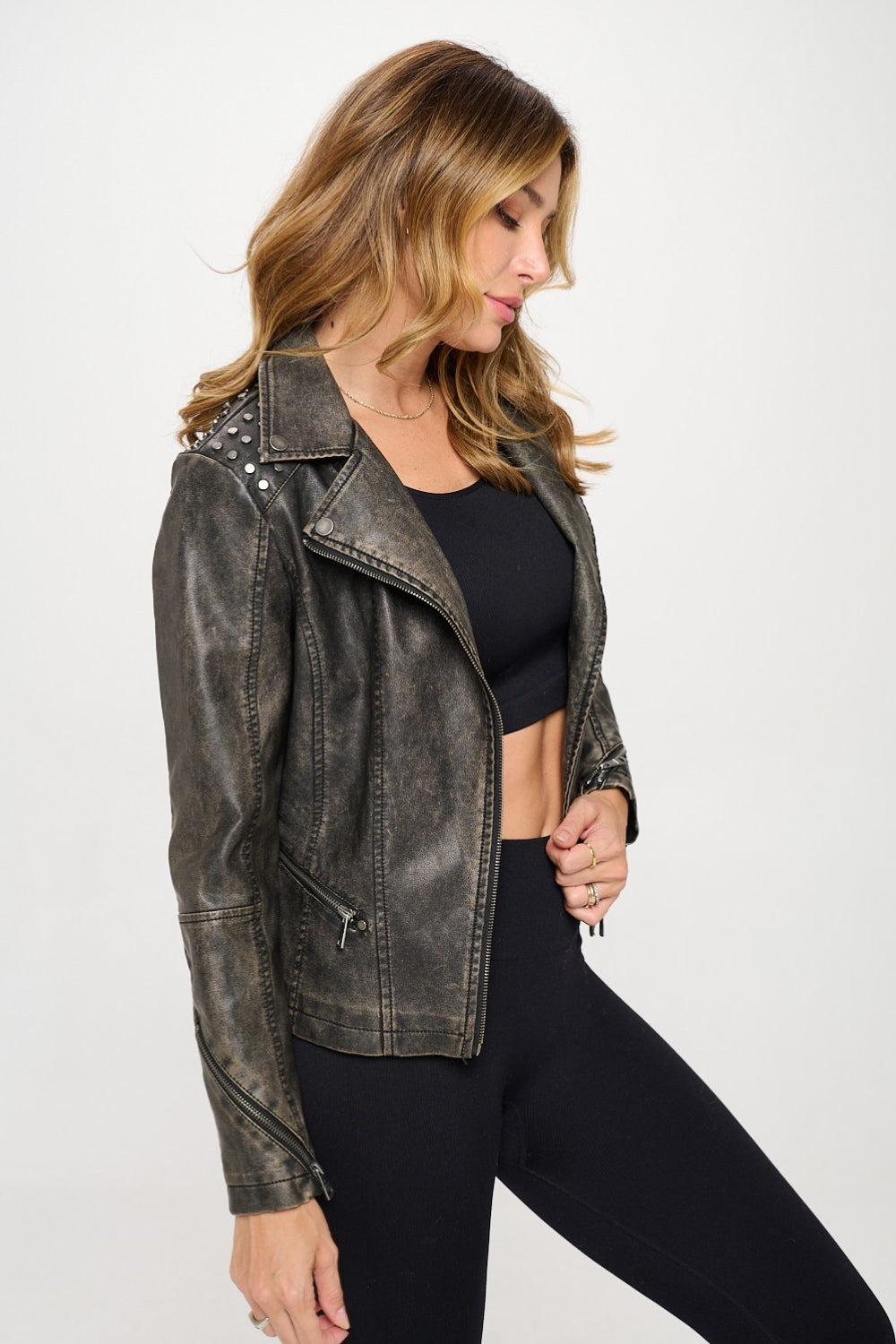 Women's Distressed Studded Faux Leather Moto Jacket - Image 3