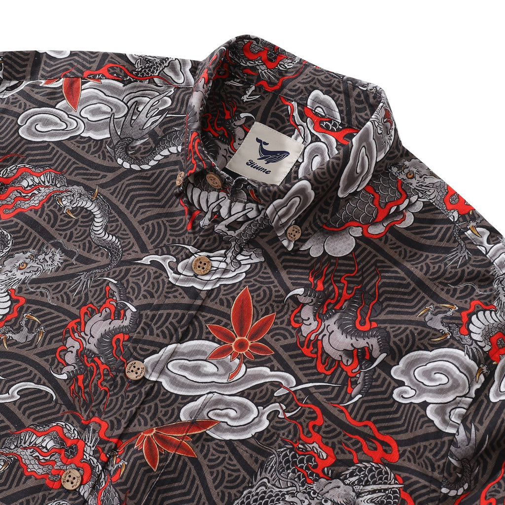 Men's Dragon Flight Print Long Sleeve Cotton Aloha Shirt