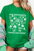 Bright Green Clover Bow Checkered Casual T-Shirt