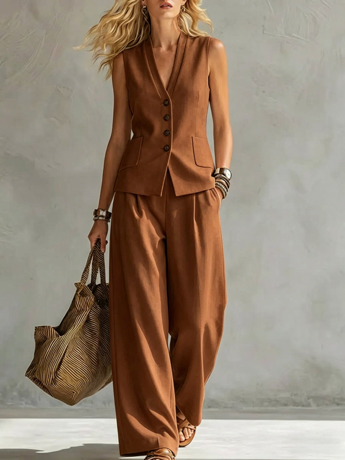 Women's Button-Down Vest and Wide-Leg Pants Two-Piece Set - Image 9