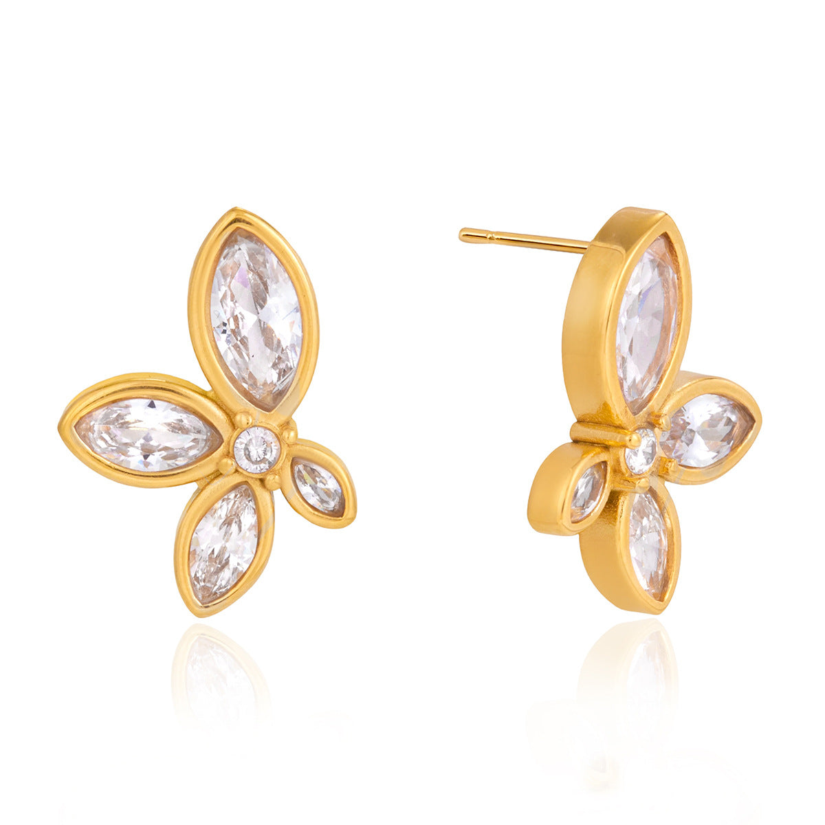 White Flower Zircon Stud Earrings in Polished Stainless Steel