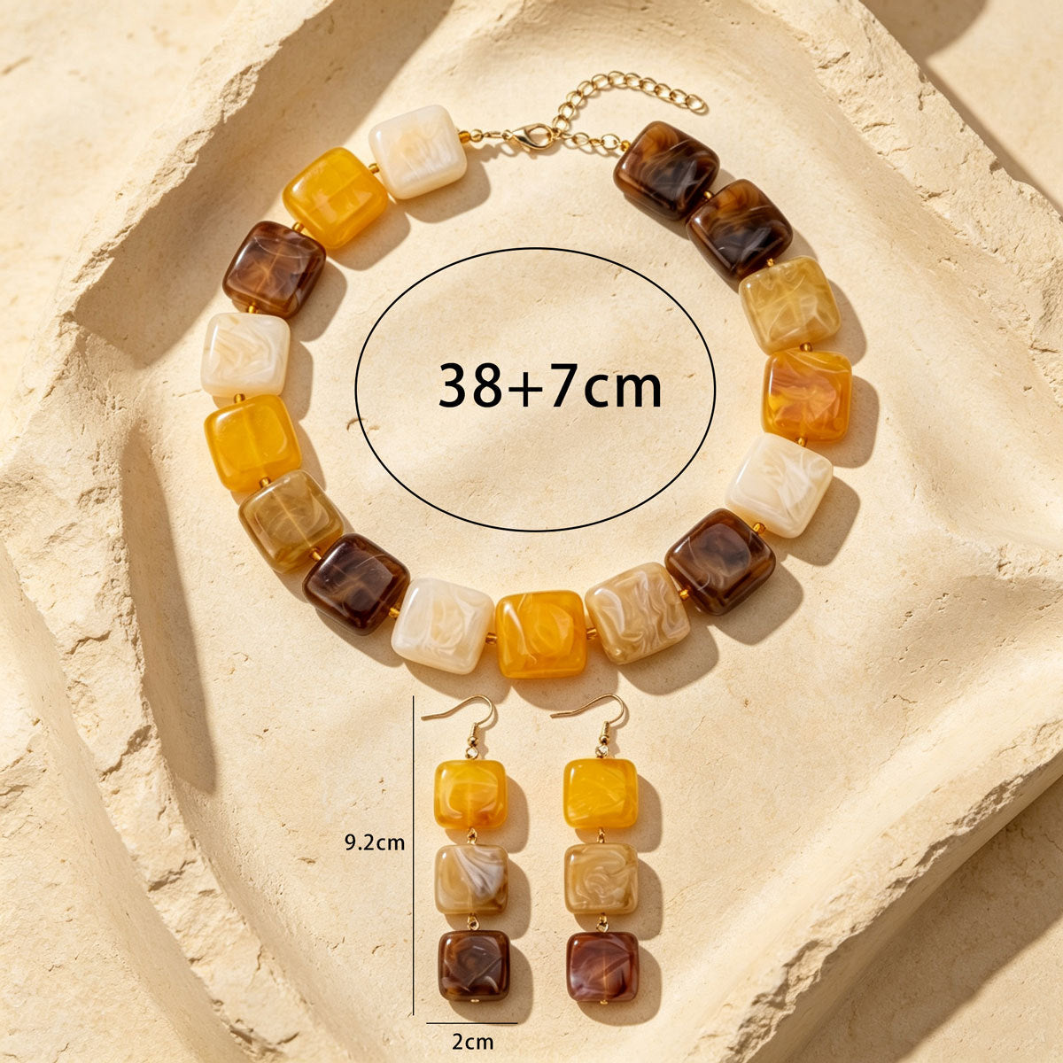 Women Retro Marbled Square Acrylic 2Pcs Jewelry Set, Caramel Amber Tone Beaded Choker Necklace Long Drop Earrings Gold Plated Spacers Fall Daily Gift