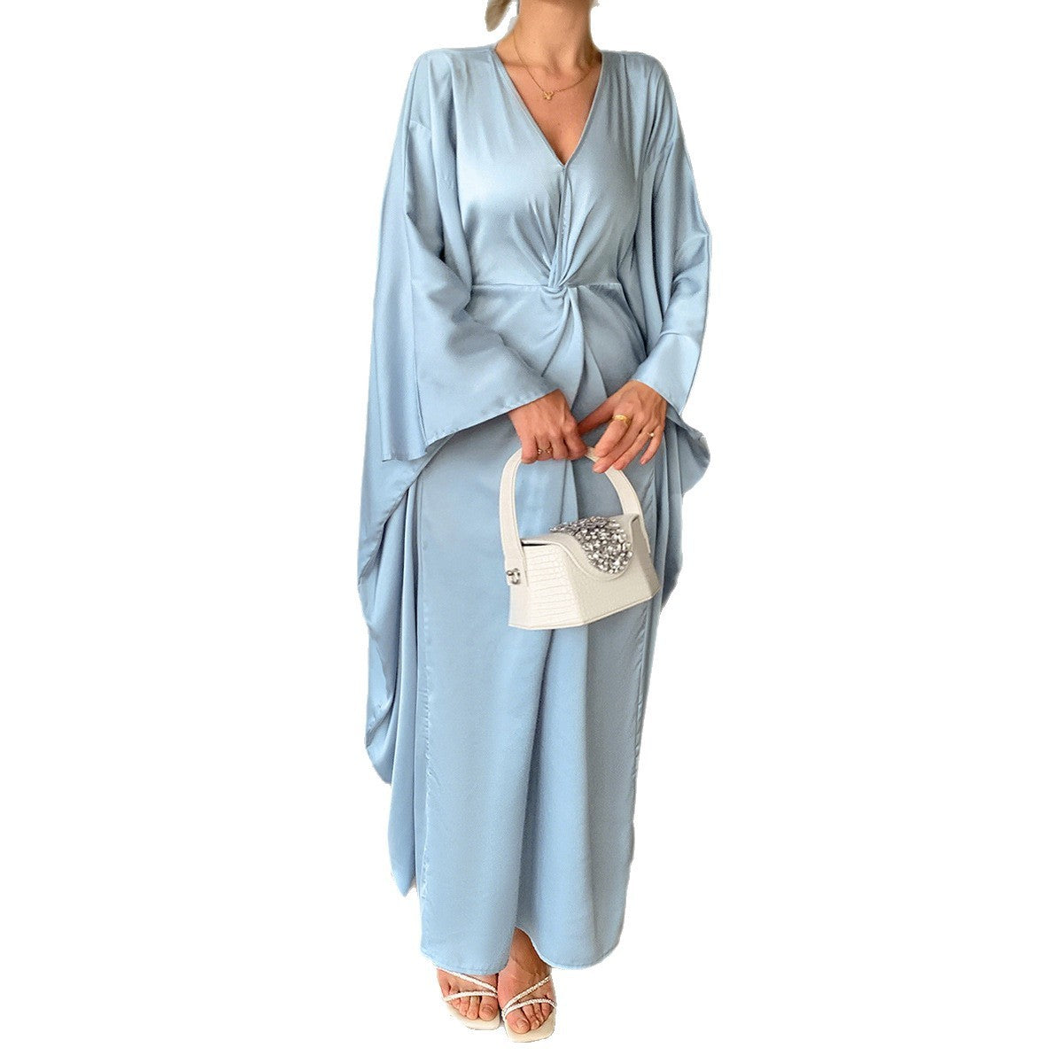 Satin Long Sleeve Maxi Dress in Lake Blue