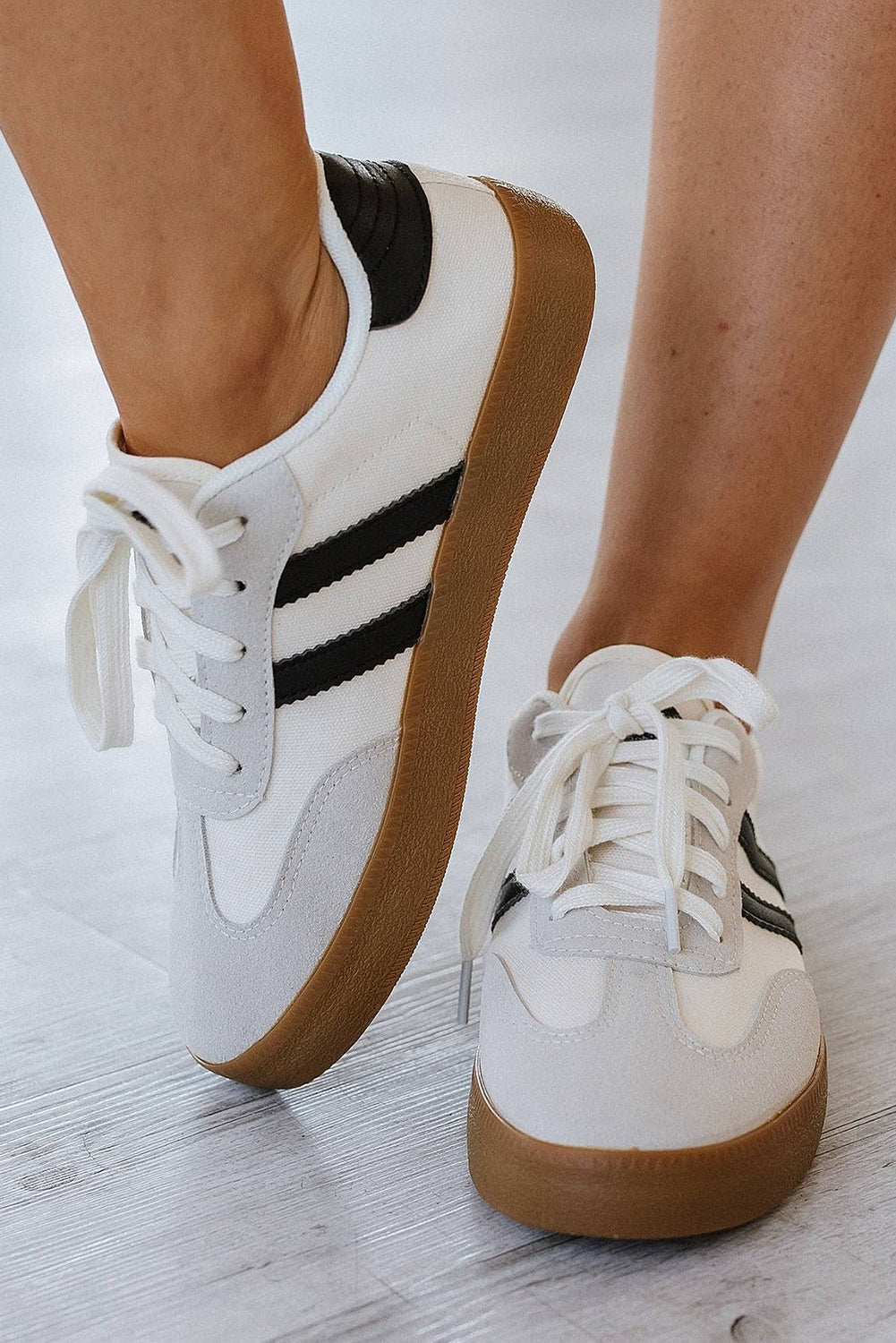 White Striped Lace Up Flat Sneakers Casual Retro Tennis Shoes - Image 8