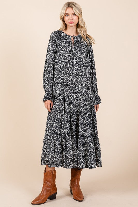 Printed Midi Dress with Tie Neck and Flounce Sleeves