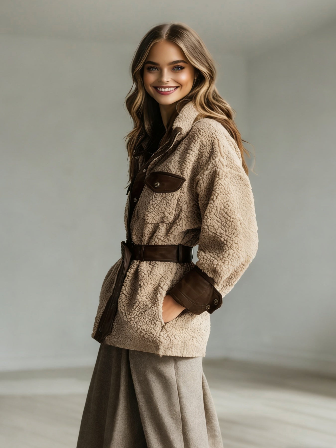 Women's Vintage PU Leather Jacket with Lamb Fur