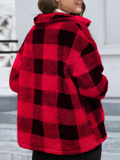 Women's Red Drop Shoulder Fuzzy Button-Up Jacket